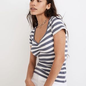 NWT Madewell Sweetheart Tee Striped in Sunfaded Indigo, size Large